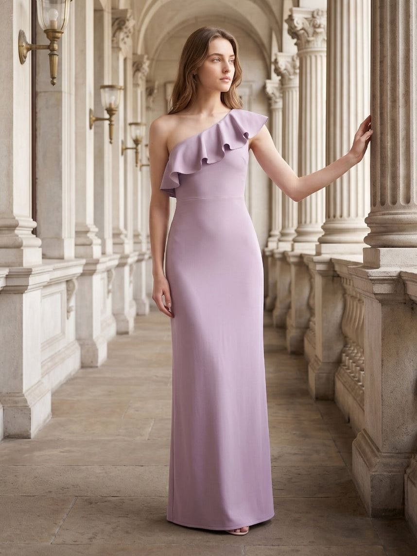 Lavender Stretch Knit Trumpet One Shoulder Side Zip Floor-Length Bridesmaid Dress - Curvevia