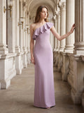 Lavender Stretch Knit Trumpet One Shoulder Side Zip Floor-Length Bridesmaid Dress - Curvevia