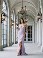 Lavender Tulle Mermaid Off-Shoulder Back Zip Floor Dress with Pleating - Curvevia