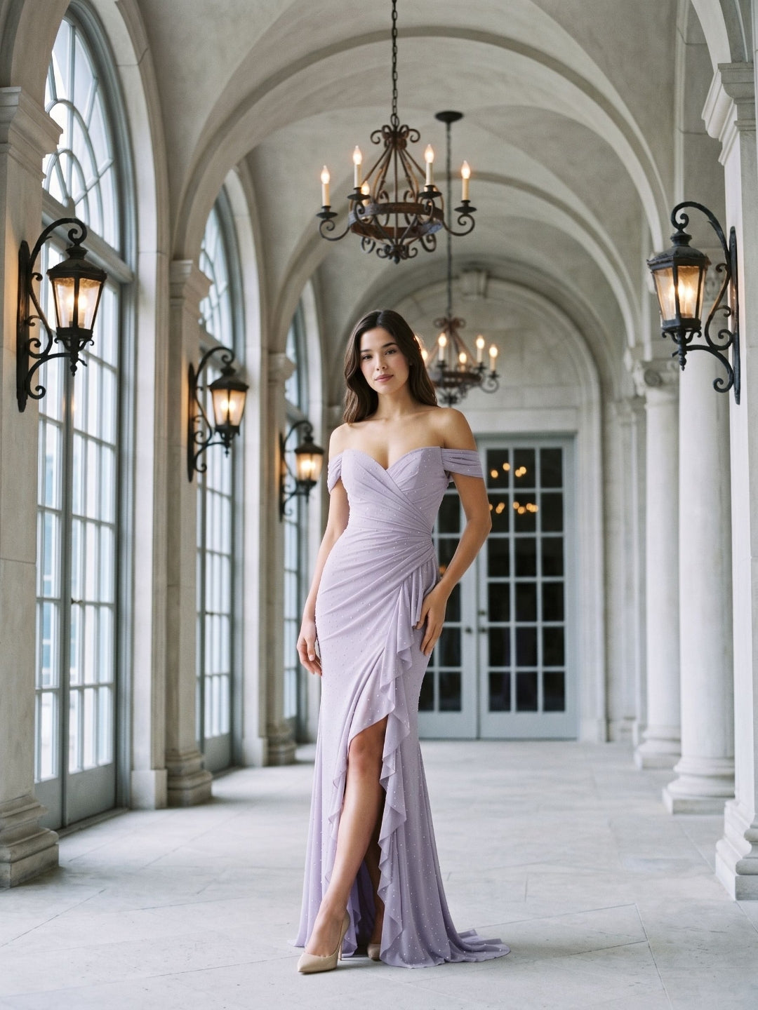 Lavender Tulle Mermaid Off-Shoulder Back Zip Floor Dress with Pleating - Curvevia