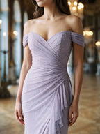 Lavender Tulle Mermaid Off-Shoulder Back Zip Floor Dress with Pleating - Curvevia