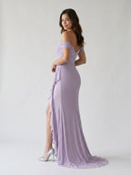 Lavender Tulle Mermaid Off-Shoulder Back Zip Floor Dress with Pleating - Curvevia
