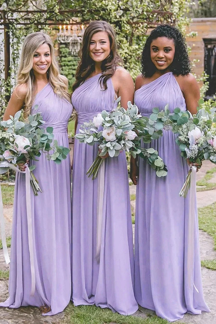 Dusty Blue One Shoulder Chiffon Long Boho Pleated Bridesmaid Dress - Curvevia