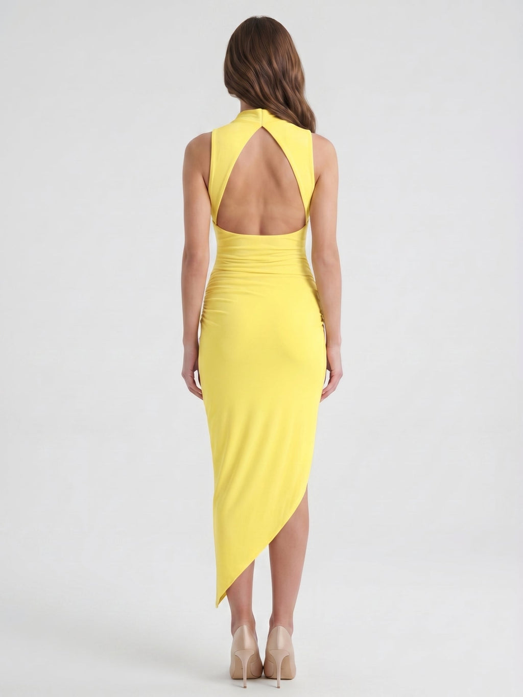 Lemon Stretch Knit Sheath Square Neck Backless Asymmetrical Bridesmaid Dress with Pleats - Curvevia