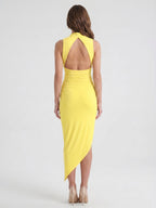 Lemon Stretch Knit Sheath Square Neck Backless Asymmetrical Bridesmaid Dress with Pleats - Curvevia