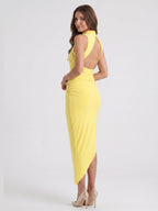 Lemon Stretch Knit Sheath Square Neck Backless Asymmetrical Bridesmaid Dress with Pleats - Curvevia