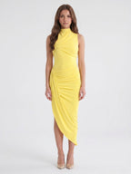 Lemon Stretch Knit Sheath Square Neck Backless Asymmetrical Bridesmaid Dress with Pleats - Curvevia