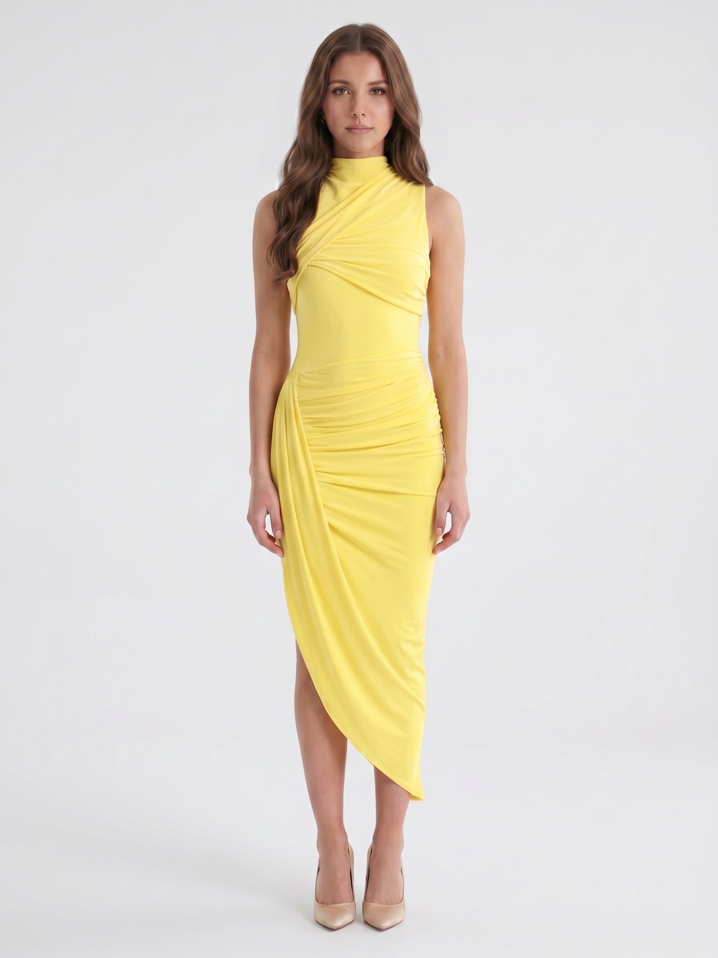 Lemon Stretch Knit Sheath Square Neck Backless Asymmetrical Bridesmaid Dress with Pleats - Curvevia