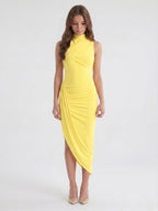 Lemon Stretch Knit Sheath Square Neck Backless Asymmetrical Bridesmaid Dress with Pleats - Curvevia