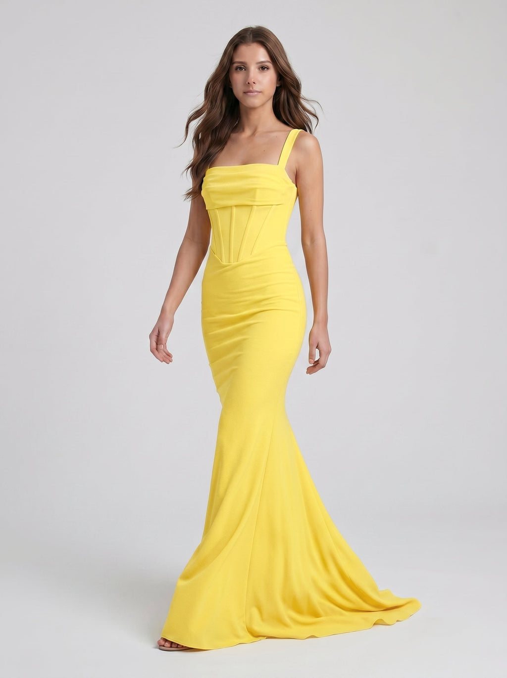 Lemon Stretch Knit Sheath Square Neck Corset Back Floor Bridesmaid Dress with Pleats - Curvevia
