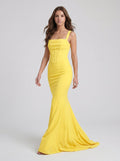 Lemon Stretch Knit Sheath Square Neck Corset Back Floor Bridesmaid Dress with Pleats - Curvevia