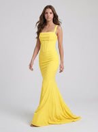 Lemon Stretch Knit Sheath Square Neck Corset Back Floor Bridesmaid Dress with Pleats - Curvevia
