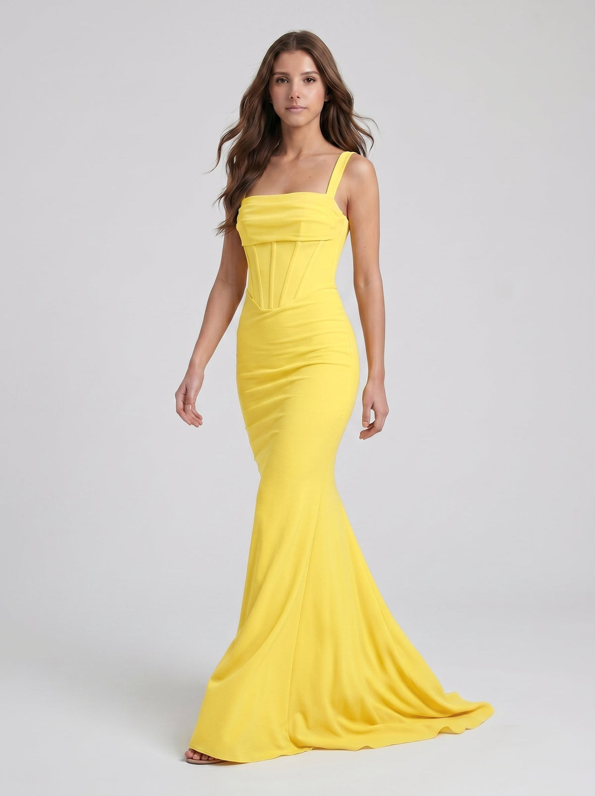 Lemon Stretch Knit Sheath Square Neck Corset Back Floor Bridesmaid Dress with Pleats - Curvevia