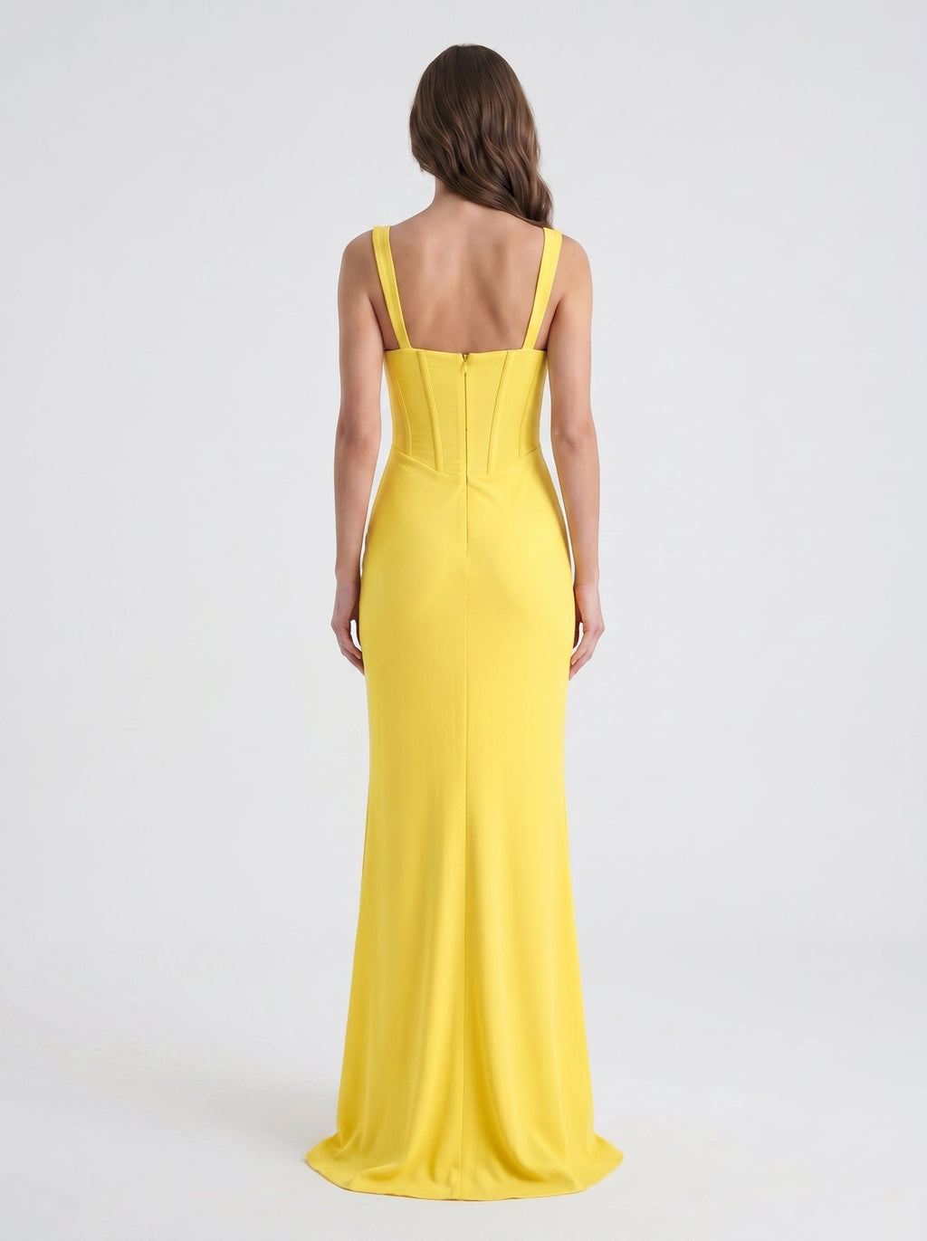 Lemon Stretch Knit Sheath Square Neck Corset Back Floor Bridesmaid Dress with Pleats - Curvevia