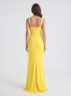 Lemon Stretch Knit Sheath Square Neck Corset Back Floor Bridesmaid Dress with Pleats - Curvevia