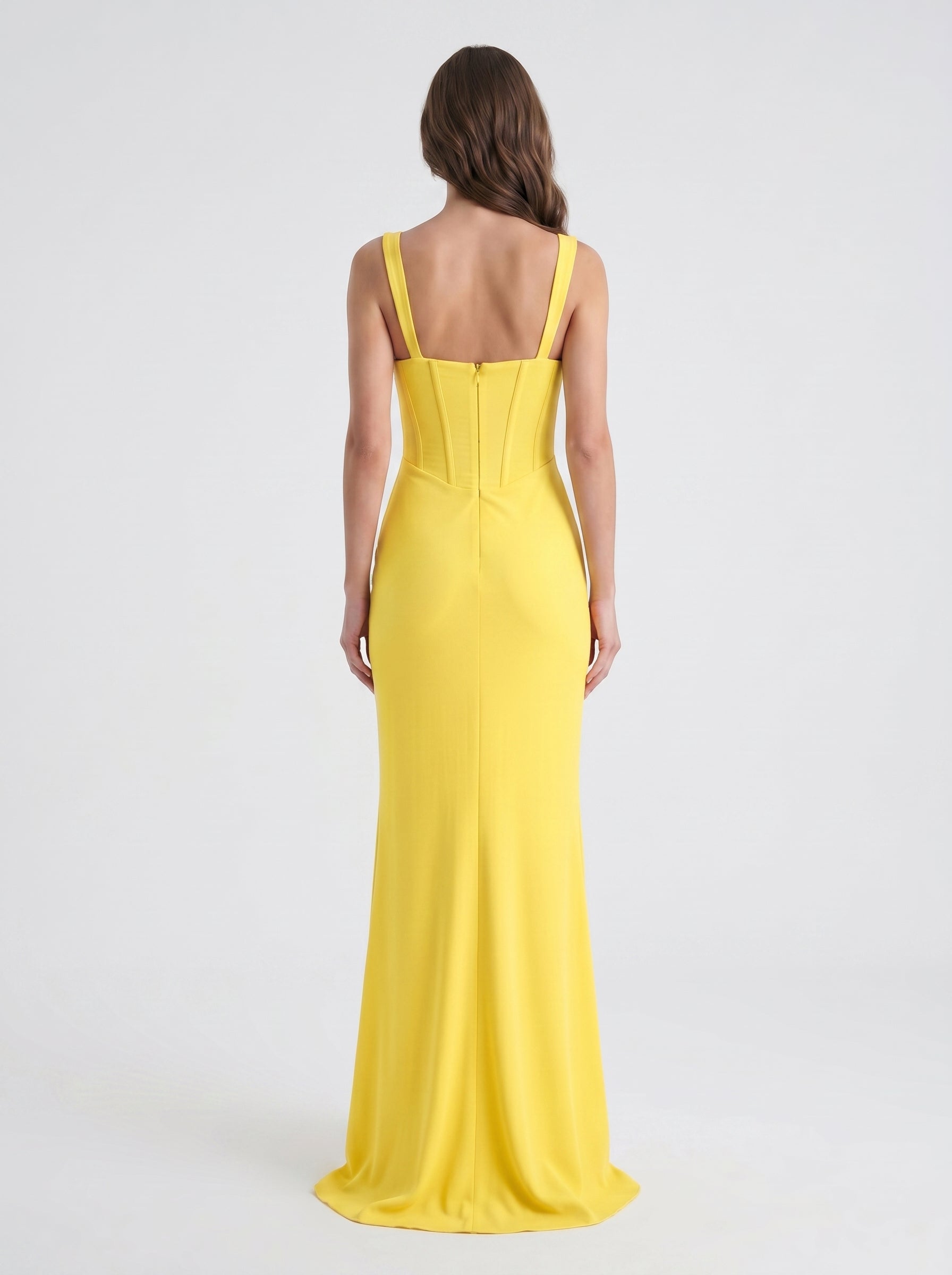 Lemon Stretch Knit Sheath Square Neck Corset Back Floor Bridesmaid Dress with Pleats - Curvevia