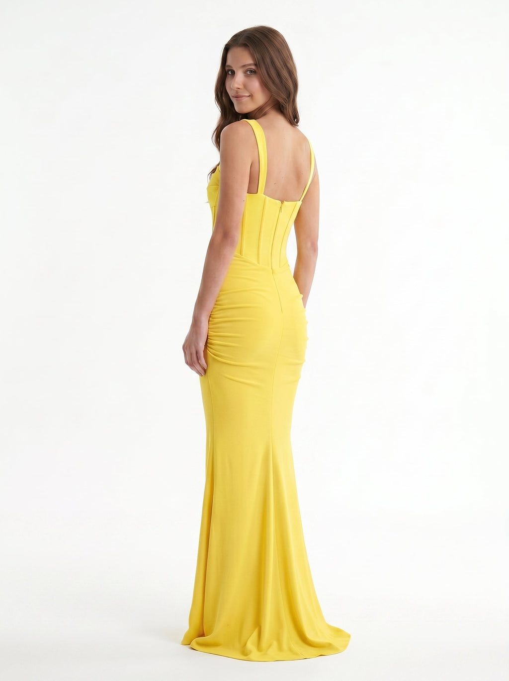 Lemon Stretch Knit Sheath Square Neck Corset Back Floor Bridesmaid Dress with Pleats - Curvevia
