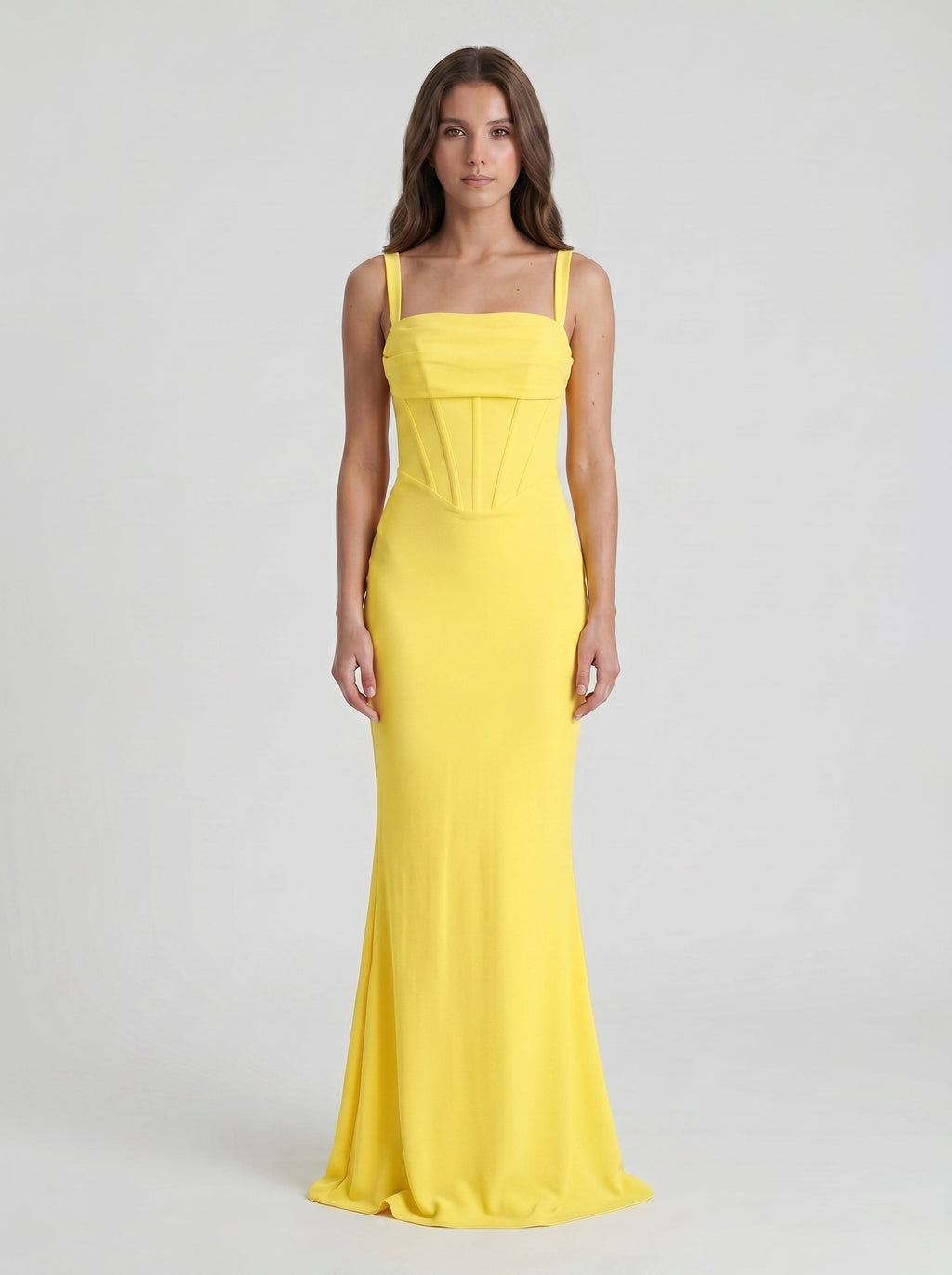 Lemon Stretch Knit Sheath Square Neck Corset Back Floor Bridesmaid Dress with Pleats - Curvevia