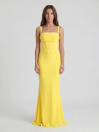 Lemon Stretch Knit Sheath Square Neck Corset Back Floor Bridesmaid Dress with Pleats - Curvevia