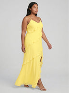Elegant Lemon Chiffon Sheath V-Neck Backless Ankle-Length Plus Size Bridesmaid Dress - Curvevia