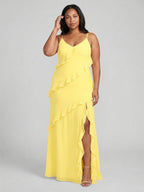 Elegant Lemon Chiffon Sheath V-Neck Backless Ankle-Length Plus Size Bridesmaid Dress - Curvevia