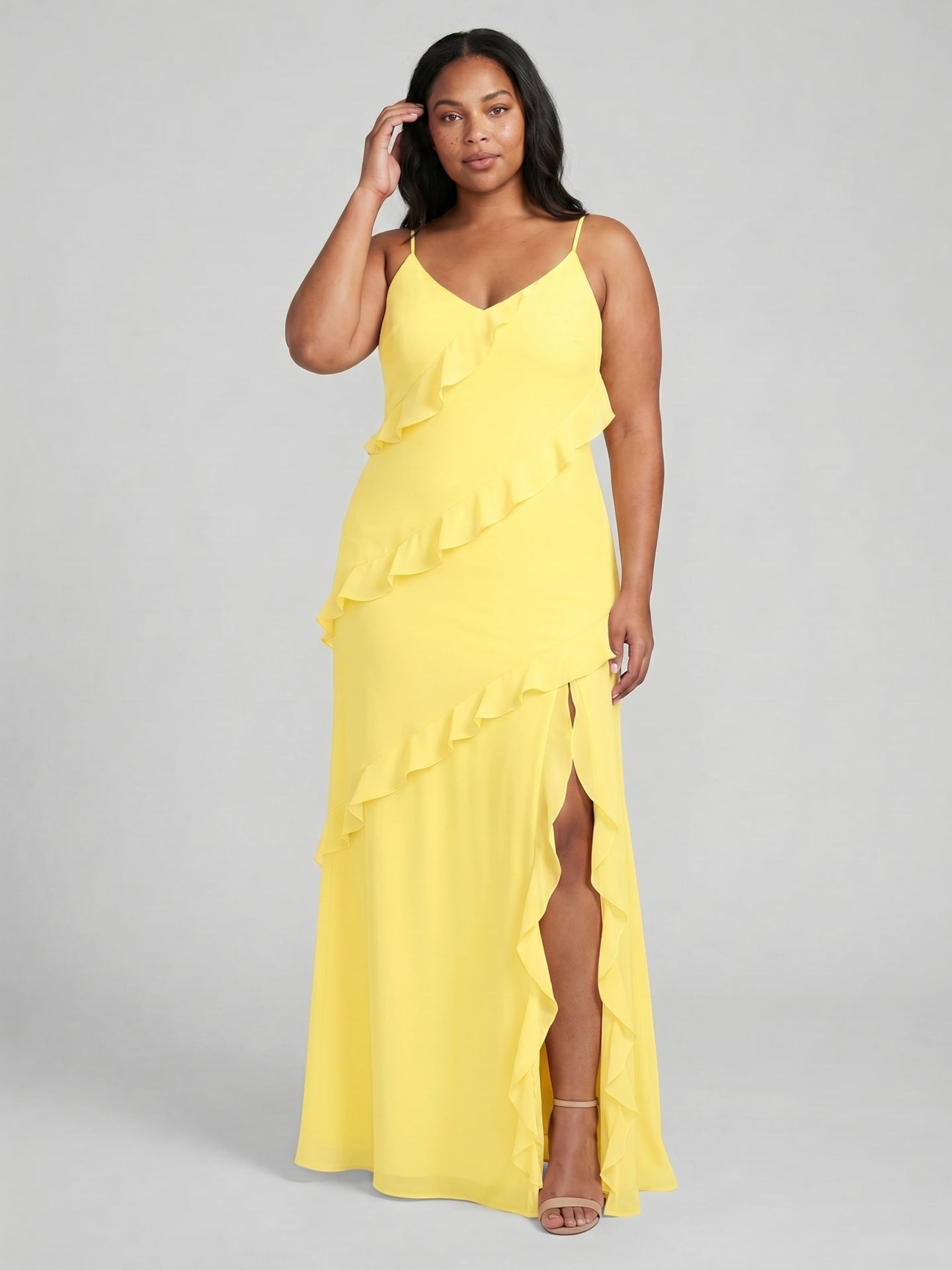 Elegant Lemon Chiffon Sheath V-Neck Backless Ankle-Length Plus Size Bridesmaid Dress - Curvevia