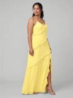 Elegant Lemon Chiffon Sheath V-Neck Backless Ankle-Length Plus Size Bridesmaid Dress - Curvevia
