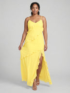 Elegant Lemon Chiffon Sheath V-Neck Backless Ankle-Length Plus Size Bridesmaid Dress - Curvevia