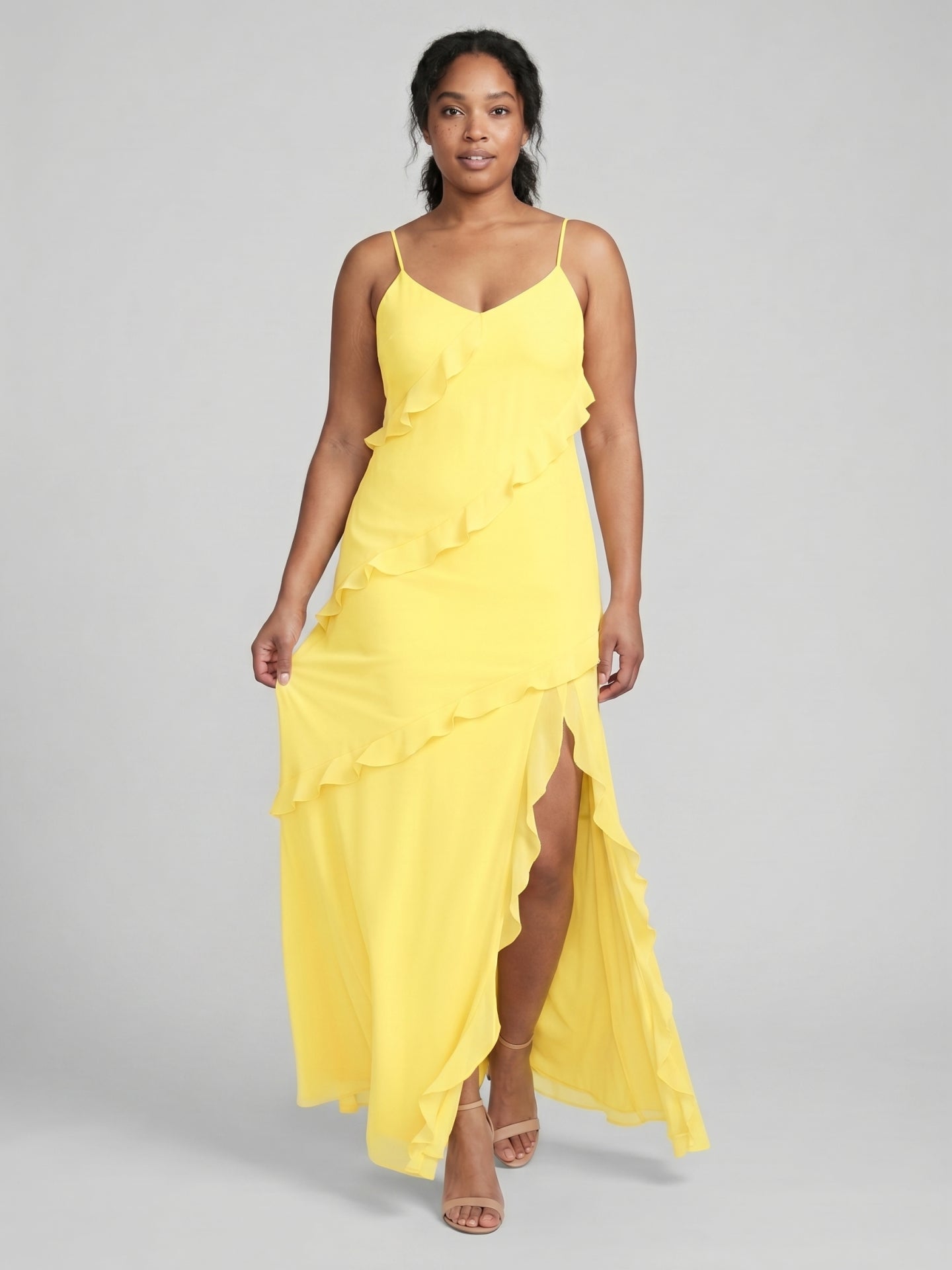 Elegant Lemon Chiffon Sheath V-Neck Backless Ankle-Length Plus Size Bridesmaid Dress - Curvevia
