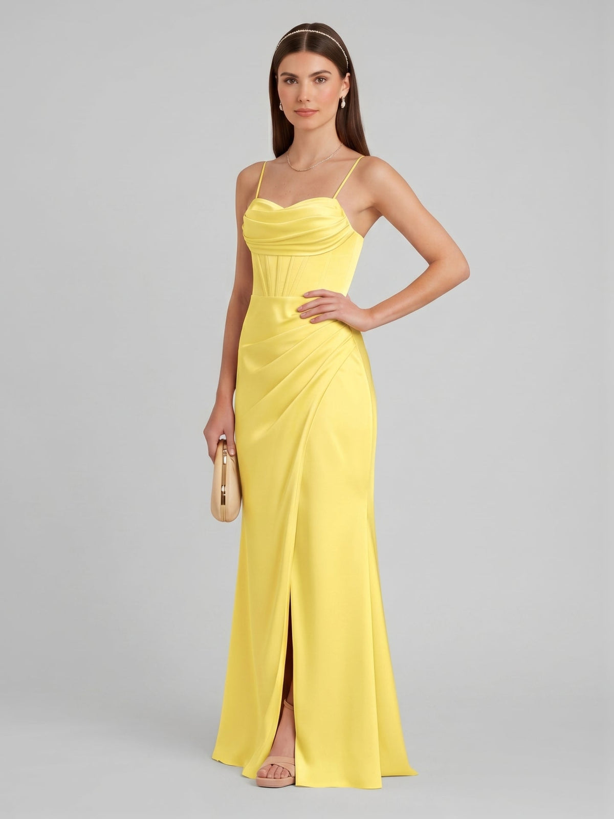 Elegant Lemon Satin Sheath Straight Neck Back Zip Ankle-Length Bridesmaid Dress - Curvevia