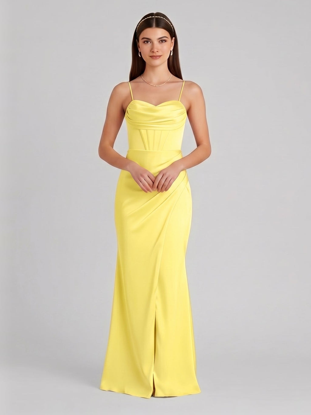 Elegant Lemon Satin Sheath Straight Neck Back Zip Ankle-Length Bridesmaid Dress - Curvevia
