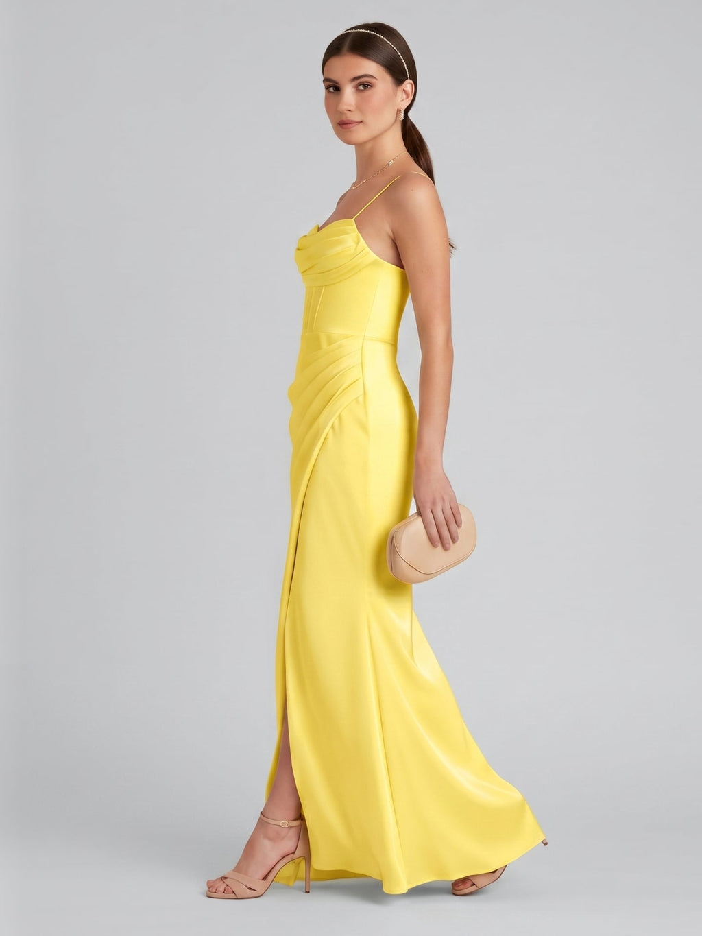 Elegant Lemon Satin Sheath Straight Neck Back Zip Ankle-Length Bridesmaid Dress - Curvevia