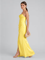Elegant Lemon Satin Sheath Straight Neck Back Zip Ankle-Length Bridesmaid Dress - Curvevia