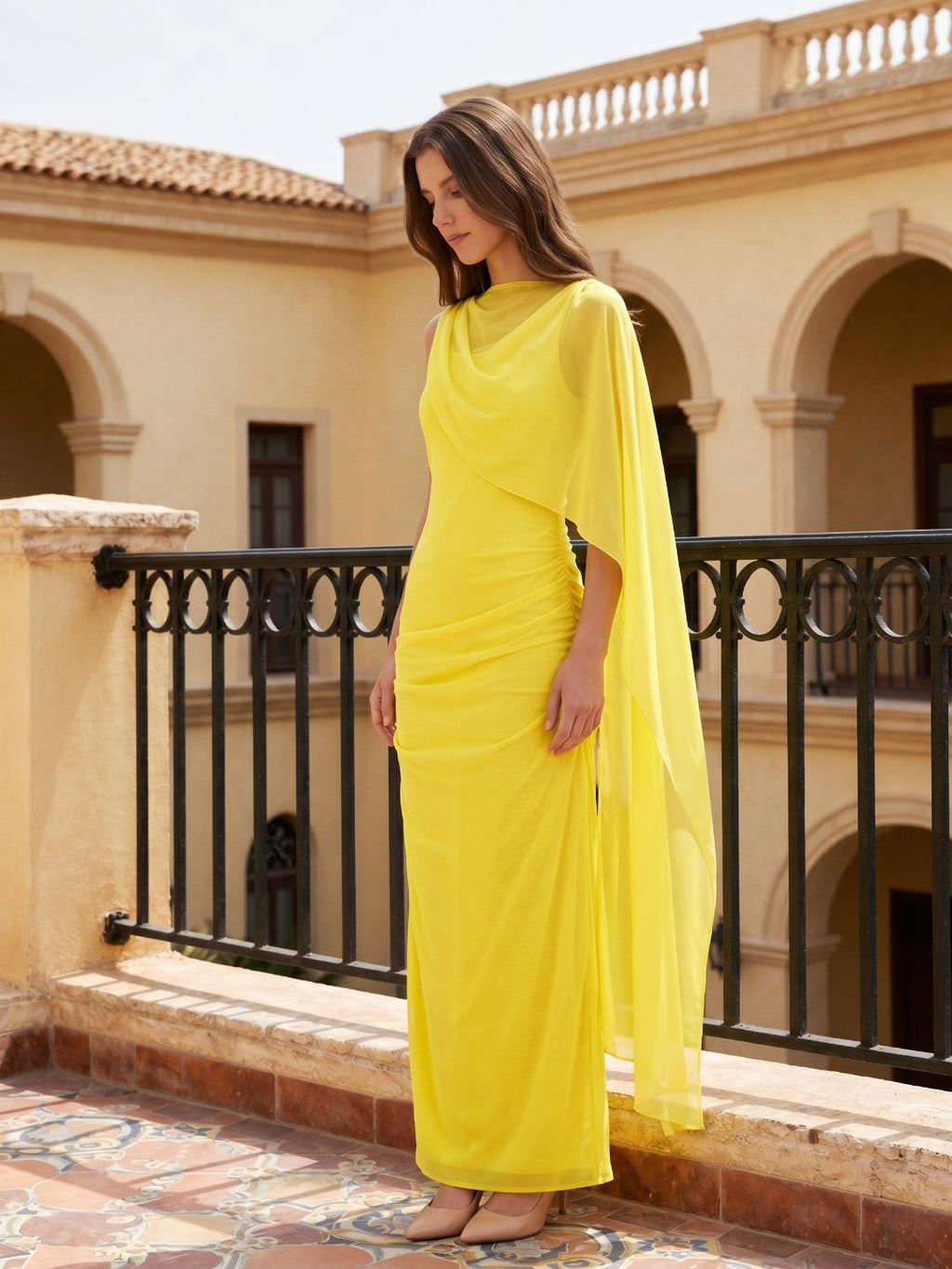 Lemon Chiffon A-Line Cowl Neck Backless Floor Bridesmaid Dress with 3D Flower - Curvevia