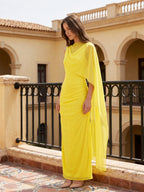 Lemon Chiffon A-Line Cowl Neck Backless Floor Bridesmaid Dress with 3D Flower - Curvevia