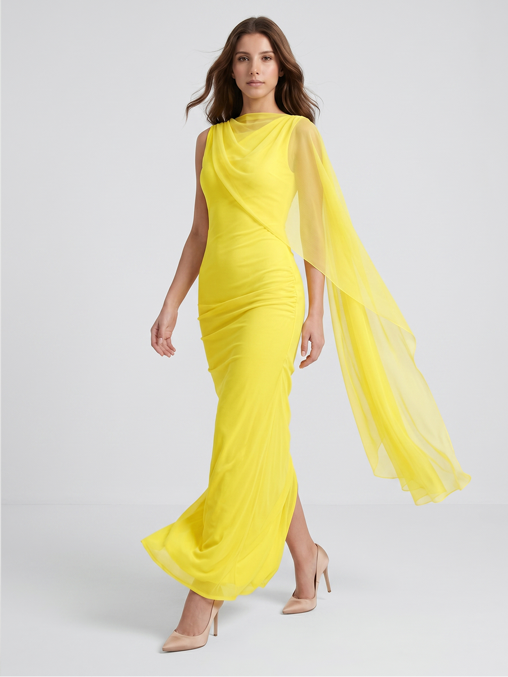 Lemon Chiffon A-Line Cowl Neck Backless Floor Bridesmaid Dress with 3D Flower - Curvevia