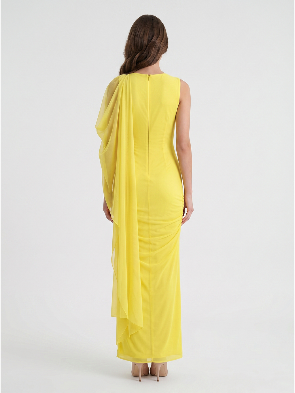 Lemon Chiffon A-Line Cowl Neck Backless Floor Bridesmaid Dress with 3D Flower - Curvevia