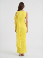 Lemon Chiffon A-Line Cowl Neck Backless Floor Bridesmaid Dress with 3D Flower - Curvevia