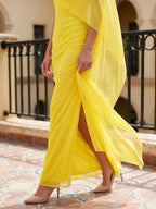 Lemon Chiffon A-Line Cowl Neck Backless Floor Bridesmaid Dress with 3D Flower - Curvevia
