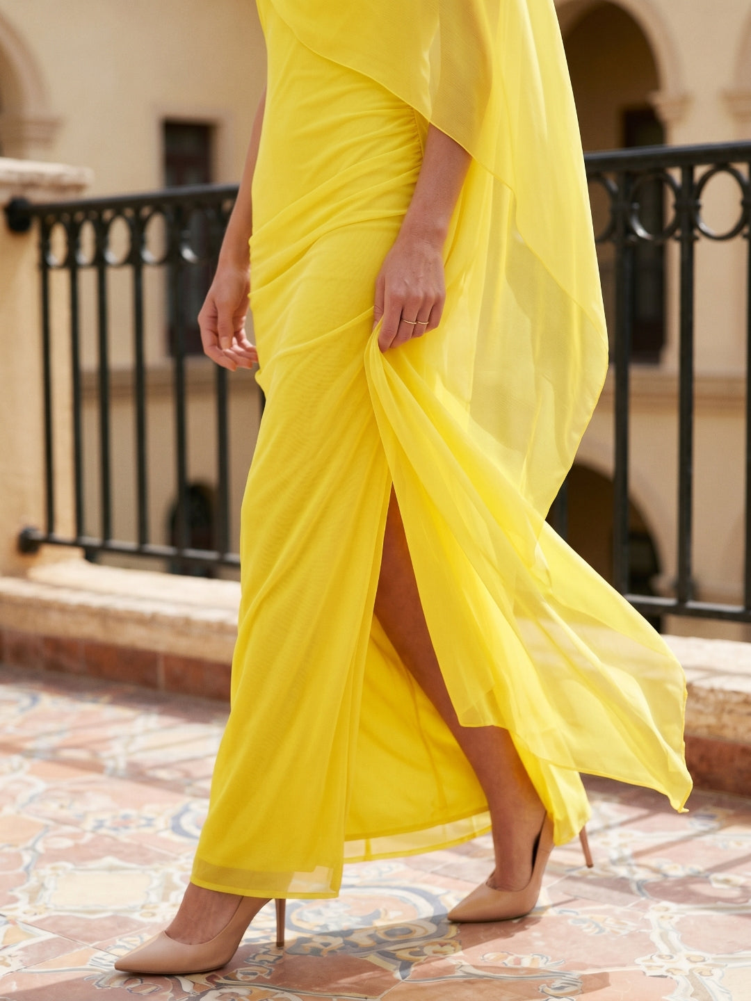 Lemon Chiffon A-Line Cowl Neck Backless Floor Bridesmaid Dress with 3D Flower - Curvevia