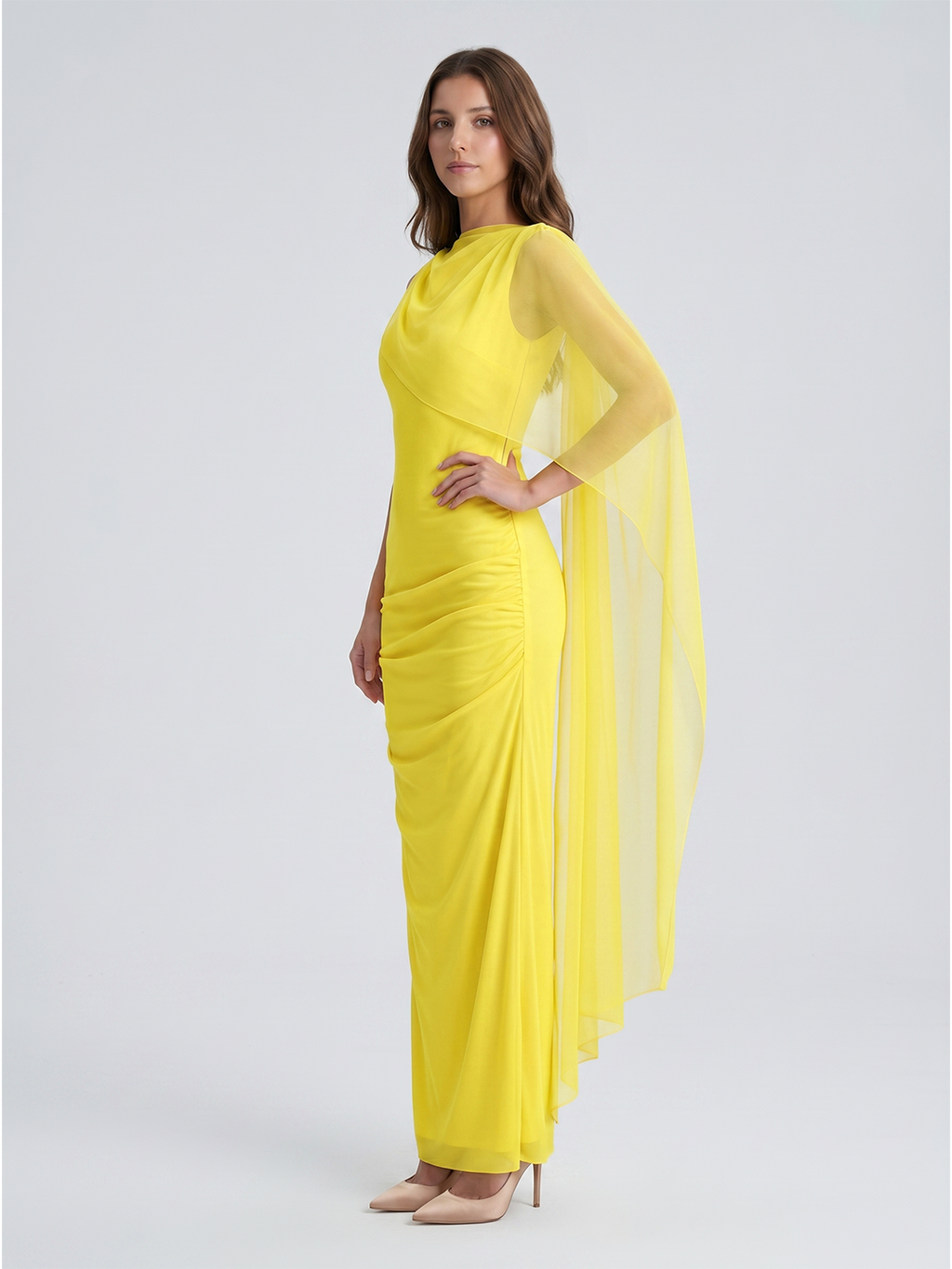 Lemon Chiffon A-Line Cowl Neck Backless Floor Bridesmaid Dress with 3D Flower - Curvevia