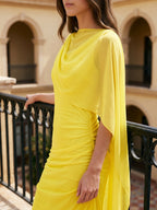 Lemon Chiffon A-Line Cowl Neck Backless Floor Bridesmaid Dress with 3D Flower - Curvevia