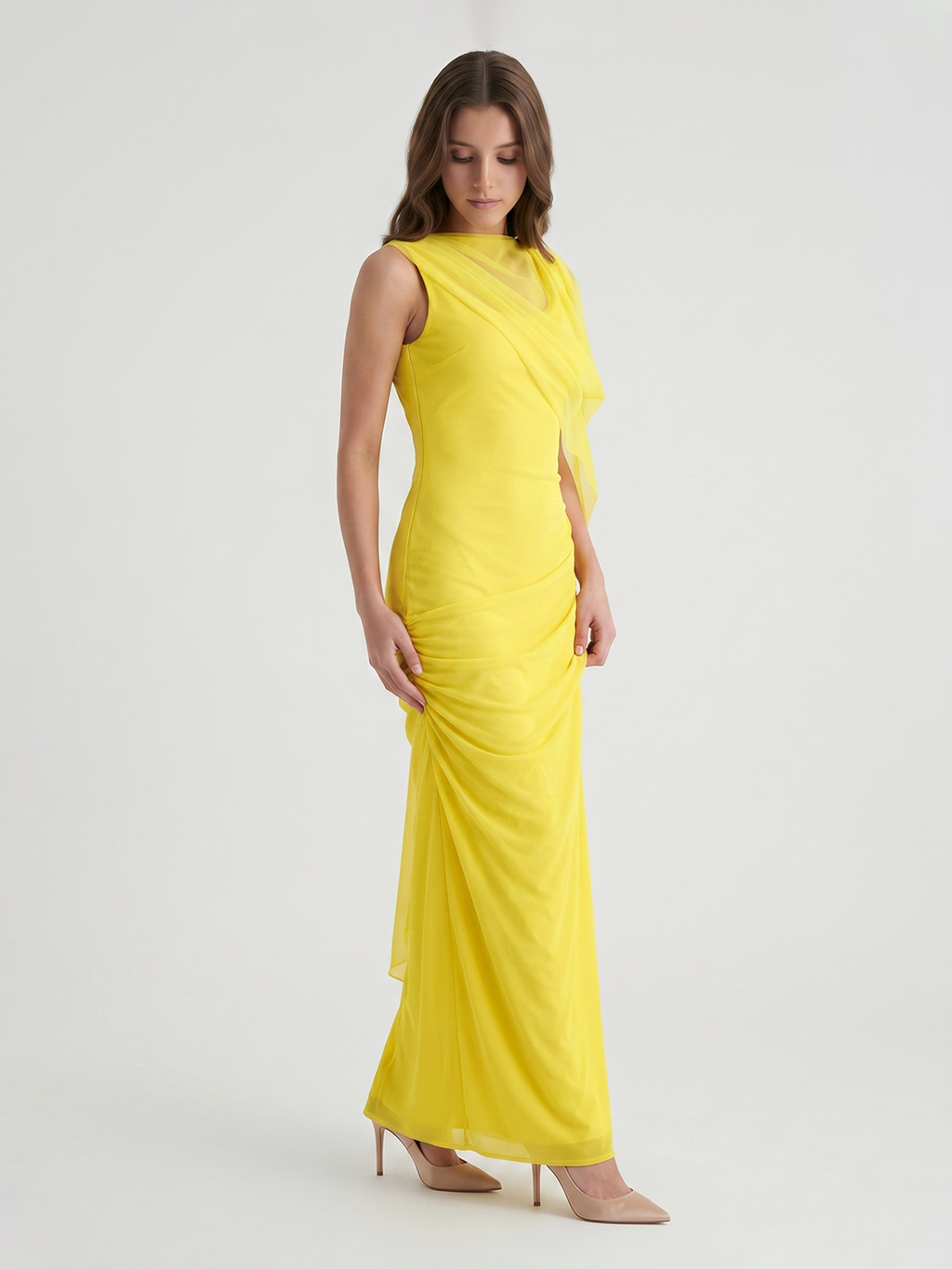 Lemon Chiffon A-Line Cowl Neck Backless Floor Bridesmaid Dress with 3D Flower - Curvevia