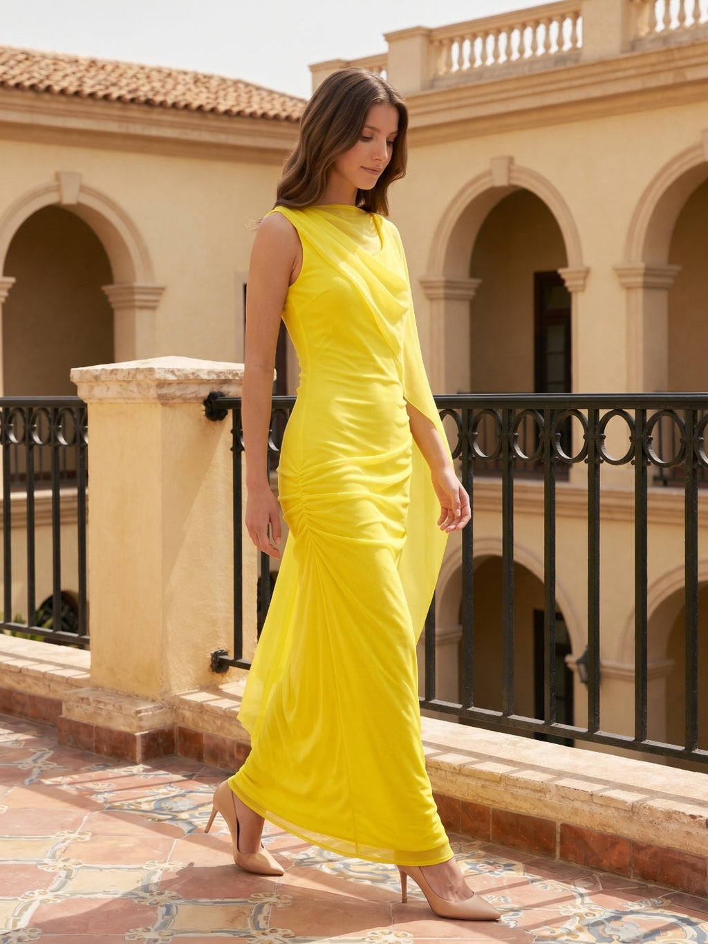 Lemon Chiffon A-Line Cowl Neck Backless Floor Bridesmaid Dress with 3D Flower - Curvevia