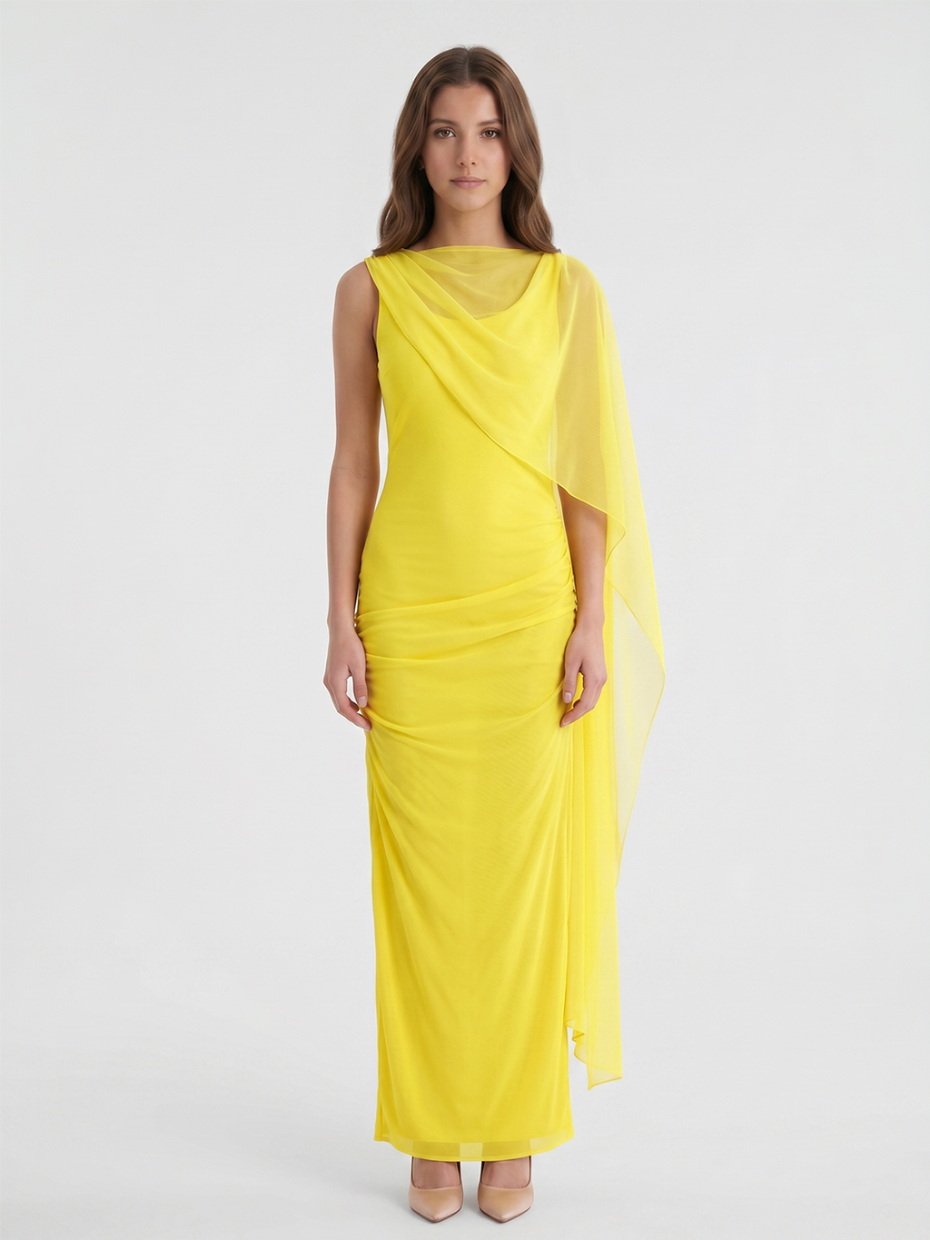 Lemon Chiffon A-Line Cowl Neck Backless Floor Bridesmaid Dress with 3D Flower - Curvevia