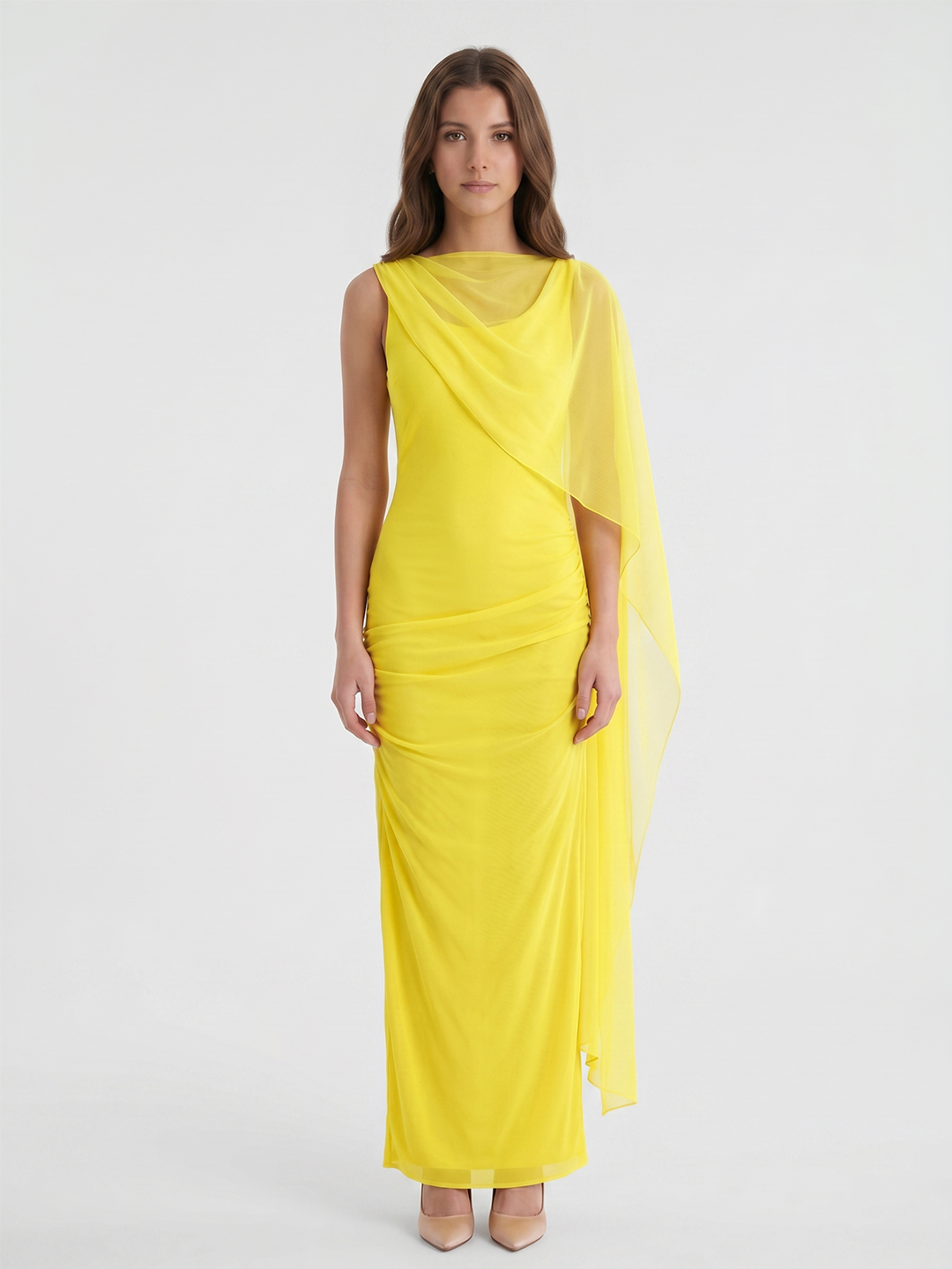 Lemon Chiffon A-Line Cowl Neck Backless Floor Bridesmaid Dress with 3D Flower - Curvevia
