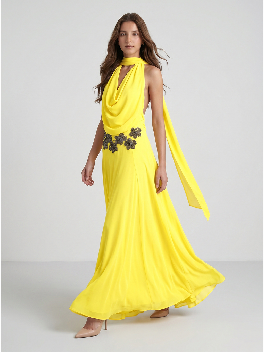 Lemon Chiffon A-Line Halter Backless Ankle Bridesmaid Dress with 3D Flower - Curvevia