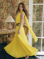 Lemon Chiffon A-Line Halter Backless Ankle Bridesmaid Dress with 3D Flower - Curvevia