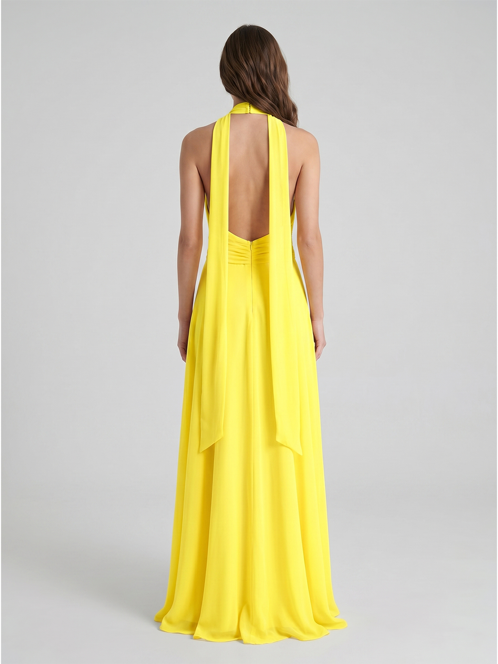 Lemon Chiffon A-Line Halter Backless Ankle Bridesmaid Dress with 3D Flower - Curvevia