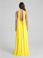Lemon Chiffon A-Line Halter Backless Ankle Bridesmaid Dress with 3D Flower - Curvevia